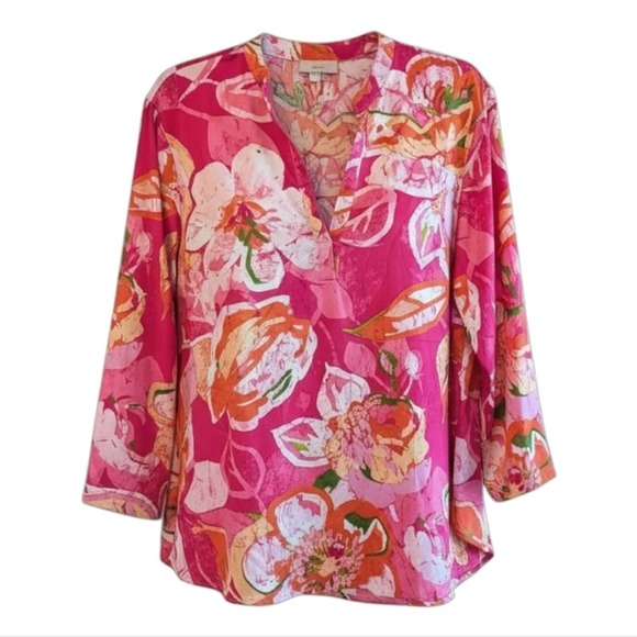 Natori Tops - Natori Floral Boho Coastal Elegant V-Neck Blouse Pink Orange Watercolor Bloom